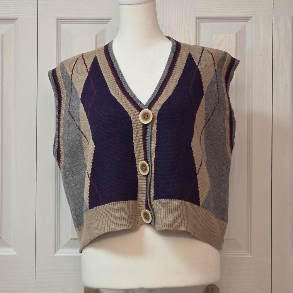 Korean Preppy Academia Purple Tan Gray Oversized Argyle Sweater Vest: Size XS /S